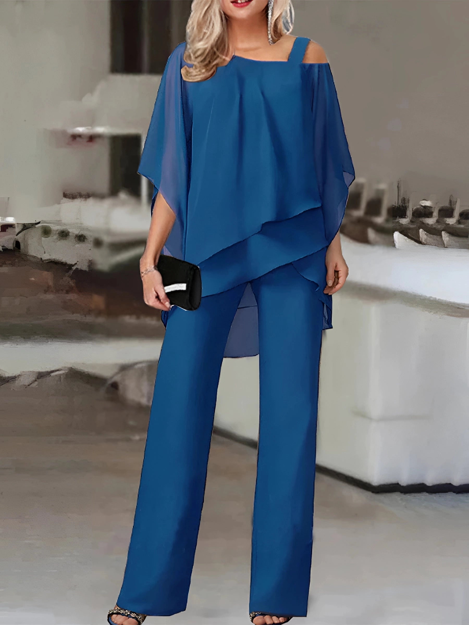 Elegant navy blue off-shoulder chiffon evening jumpsuit, showcasing shoulder and waist design, in royal blue color, size 3XL.