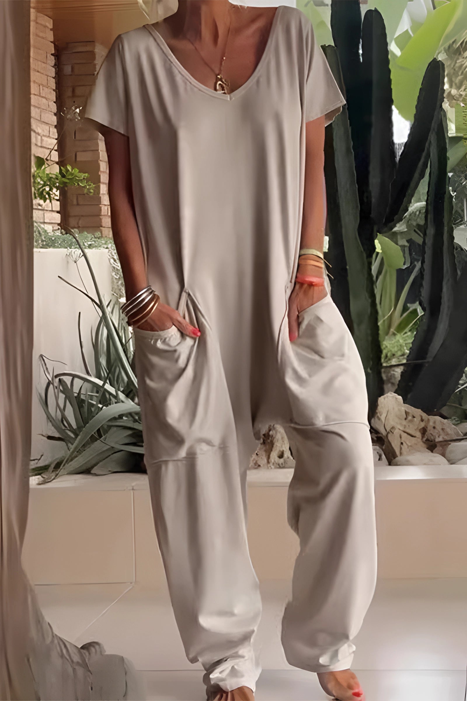 White Boho Chic V-Neck Cotton Oversized Jumpsuit with Pockets in Khaki, size 5XL, featuring short sleeves, a relaxed fit, and casual fashion.