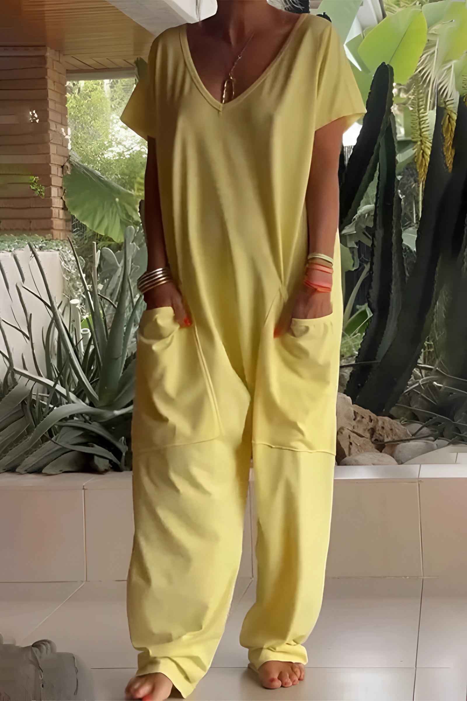White Boho Chic V-Neck Cotton Oversized Jumpsuit with Pockets in Yellow, Size 5XL, featuring short sleeves, relaxed fit, and stylish design.