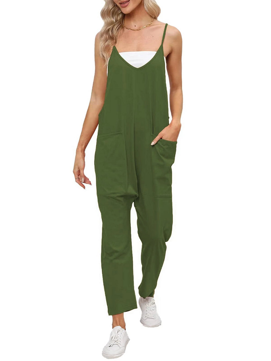 Women's camel sleeveless loose-fit jumpsuit, lightweight summer overalls, featuring a relaxed fit with a cinched waist and wide-leg trousers.